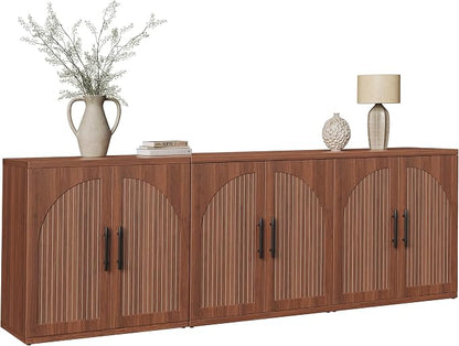 MapleGrace 63" Fluted Buffet Cabinet with Storage, Mid-Century Symmetrical Arched Sideboard Credenza with Adjustable Shelf, Large Wood Console Table for Dining Room, Kitchen, and Living Room (Walnut)