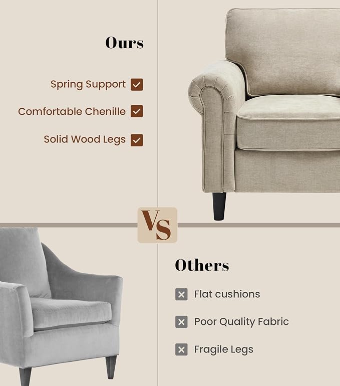 Kingfun Loveseat 2 & 3 Seater Couch with Chair, Mid Century Modern Chenille Sofa Set with Rolled Arms and Deep Seats, Fluffy Comfort for Living Room, Apartment, Easy Assembly, Khaki