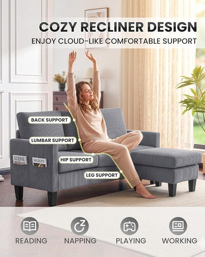 Karl home 67" Small Sectional Couch L Shaped Sofa, Grey | Movable Storage Ottoman, Corduroy Upholstered, Sofa Chaise, Side Pockets 5.9" Sofa Legs for Living Room, Apartment, Studio