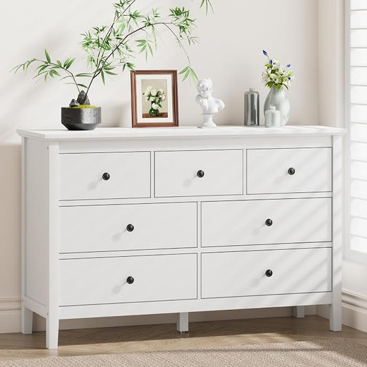 CARPETNAL White Dresser for Bedroom, 7 Drawer Dresser with Wide Drawers and Metal Handles, Wood Dressers & Chests of Drawers for Hallyway, Entryway