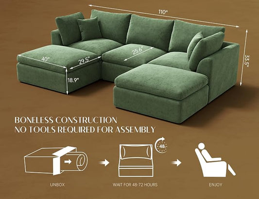 ohllob 110" Cloud Sectional Couches for Living Room, Boneless U Shaped Couch with Ottoman, 3 Seater Modular Sectional Sofa, Green