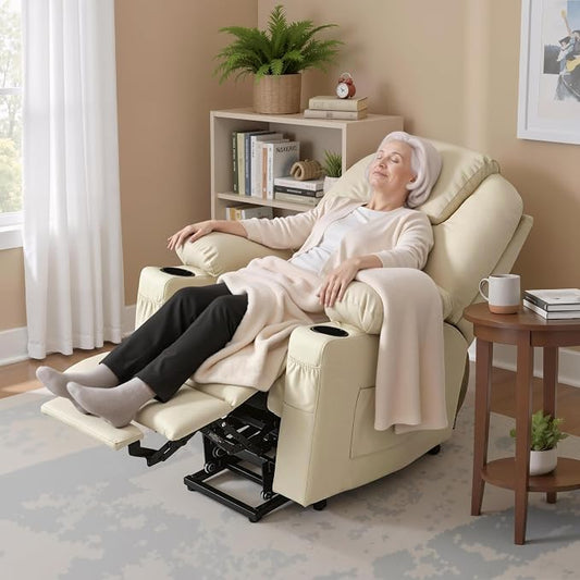 MCombo Power Lift Recliner Chair for Elderly, Lift Chair with Heat and Massage, FSC Certified, USB Ports, Cup Holders, Faux Leather 7141 (Cream White, Small)