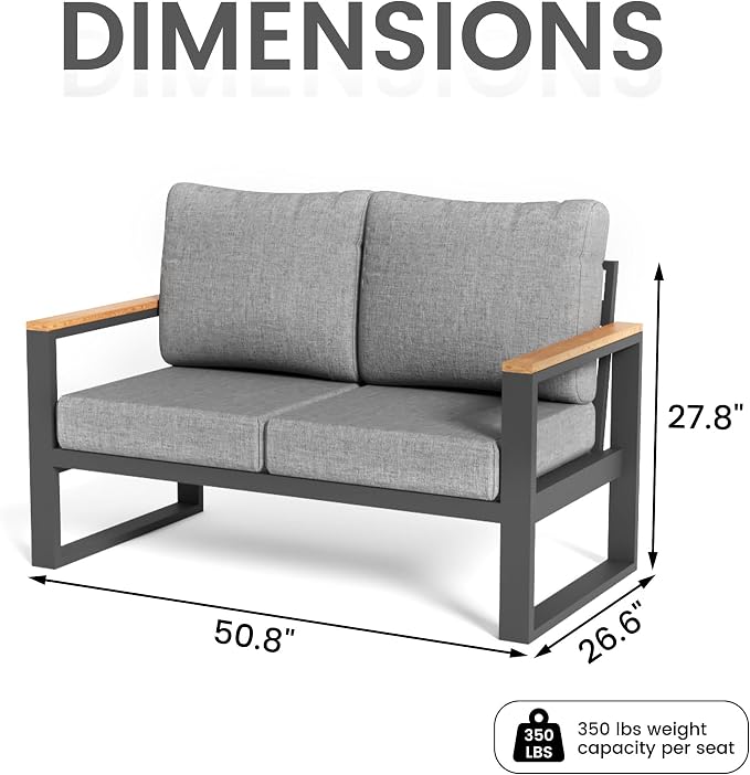 Sundale Outdoor Aluminum Patio Loveseat, All-Weather Outdoor Furniture with 6" Olefin Cushion & Wide Armrest, Outdoor Couch for Garden Deck Porch(Grey) | Heavy Duty
