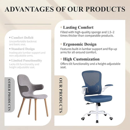 Flysky Mesh Office Chair, Ergonomic Computer Desk Chairs for Home Office - with Comfy/Comfortable Flip-up Arm Rests, Lumbar Support, Height Adjustable, 360 Degree Rolling Swivel (Blue)