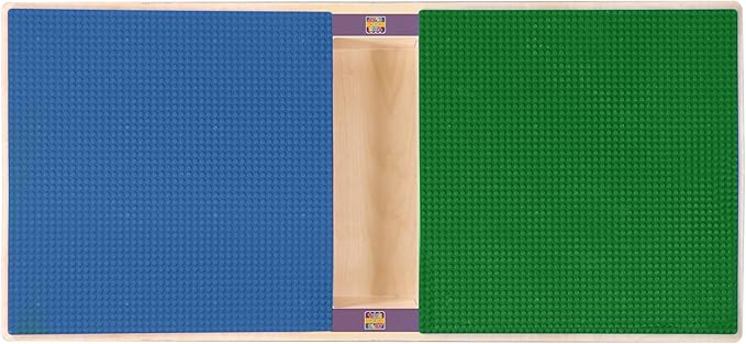 Wood Designs Time-2-Play Kids Birch Plywood Rectangular Lego Compatible Play Table, 30.75"x 15.5" with 18”-29” Adjustable Legs, Montessori Building Blocks Desk with Trough [Blue and Green]