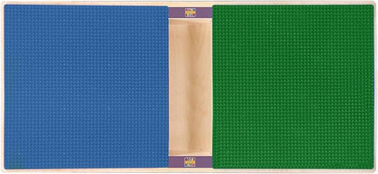 Wood Designs Time-2-Play Kids Birch Plywood Rectangular Lego Compatible Play Table, 30.75"x 15.5" with 18”-29” Adjustable Legs, Montessori Building Blocks Desk with Trough [Blue and Green]