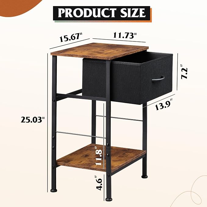 WLIVE Small Black Nightstand Set of 2 with Drawer, Fabric Bedside Table | Night Stands Set of 2 with Wood Open Shelf, End Table with Steel Frame, Side Table for Bedroom, Dorm, Easy Assembly