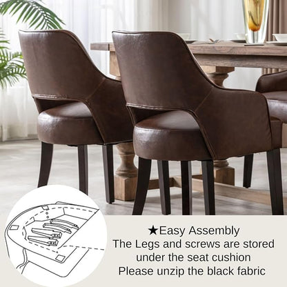 Faux Leather Upholstered Dining Chairs Set of 4 with Arms | Brown faux leather upholstery, solid wood legs, curved open back, padded seat, easy-care surface, dining room, kitchen