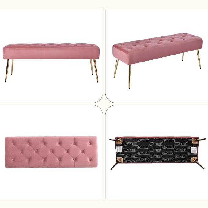 DUHOME Modern Velvet Ottoman Bench, Button-Tufted Upholstered Bedroom Benches,End of Bed Bench with Gold Base for Entryway Living Room Dining Room, Pink