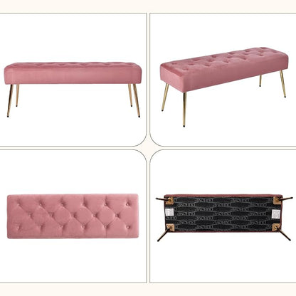 DUHOME Modern Velvet Ottoman Bench, Button-Tufted Upholstered Bedroom Benches,End of Bed Bench with Gold Base for Entryway Living Room Dining Room, Pink
