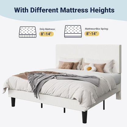Allewie King Size Upholstered Bed Frame with Vertical Channel Tufted Headboard, Soft Corduroy Fabric Platform Bed, Strong Wooden Slats Support, Easy Assembly, No Box Spring Needed, White