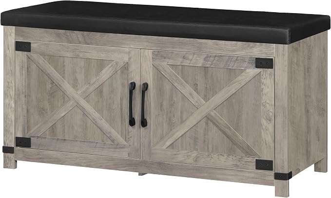 Hzuaneri Shoe Storage Bench, 2 Tier Shoe Bench with Padded Seat Cushion & 2 Barn Doors, Entryway Bench with Adjustable Shelf, Farmhouse Shoe Cabinet for Living Room, Bedroom, Greige SB26605BK