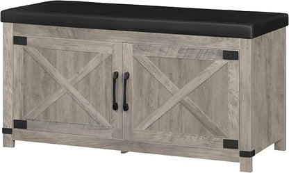 Hzuaneri Shoe Storage Bench, 2 Tier Shoe Bench with Padded Seat Cushion & 2 Barn Doors, Entryway Bench with Adjustable Shelf, Farmhouse Shoe Cabinet for Living Room, Bedroom, Greige SB26605BK