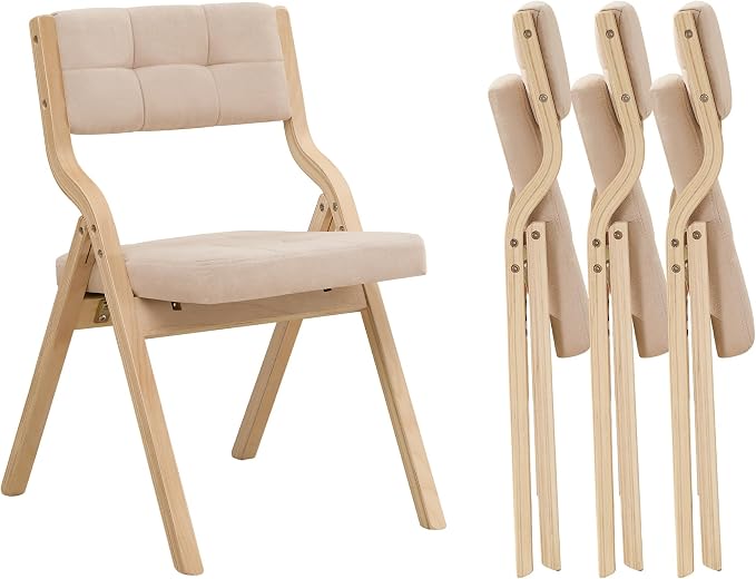 Folding Dining Chairs with Cushion Set of 4,Padded Foldable Dining Chairs,Portable Wooden Folding Chairs with Seat for Dining Rooms Kitchen Wedding Party Indoor Linen Khaki