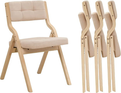 Folding Dining Chairs with Cushion Set of 4,Padded Foldable Dining Chairs,Portable Wooden Folding Chairs with Seat for Dining Rooms Kitchen Wedding Party Indoor Linen Khaki