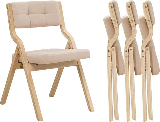 Folding Dining Chairs with Cushion Set of 4,Padded Foldable Dining Chairs,Portable Wooden Folding Chairs with Seat for Dining Rooms Kitchen Wedding Party Indoor Linen Khaki
