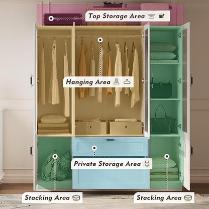 MEISSALIVVE 6 Door Armoire Wardrobe Closet with Frosted Glass Door, 70.9''H Clothing Storage Cabinet with Hanging Rod & 2 Drawers, Adjustable Shelves, Clothes Wardrobe Armoire for Bedroom, Wood Grain