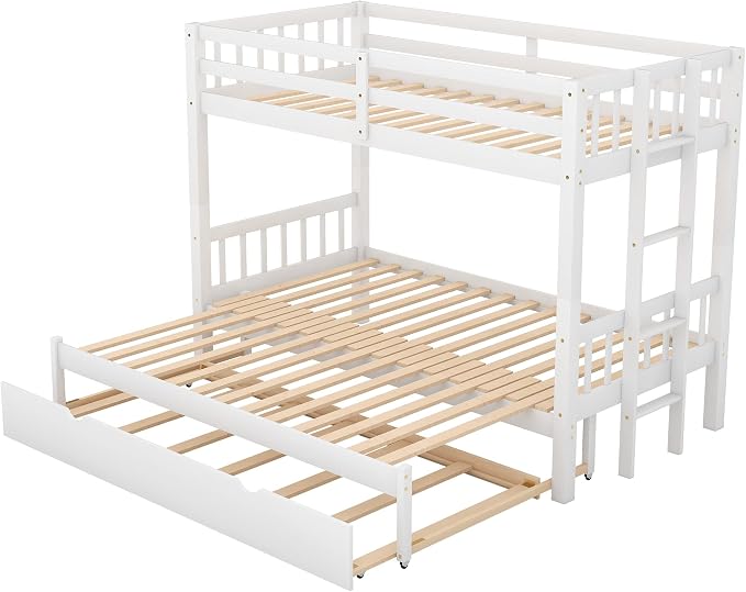 Extendable Bunk Bed with Trundle, Twin Over Double Twin Bunk Bed Frame, Upgraded Version Wooden Bunk Bed with Trundle, Pull-Out Bunk Bed Frame Can Be Extendable, No Spring Box Needed, White