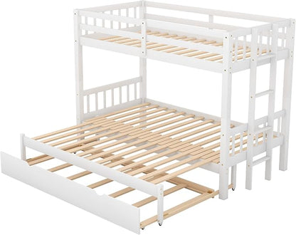 Extendable Bunk Bed with Trundle, Twin Over Double Twin Bunk Bed Frame, Upgraded Version Wooden Bunk Bed with Trundle, Pull-Out Bunk Bed Frame Can Be Extendable, No Spring Box Needed, White
