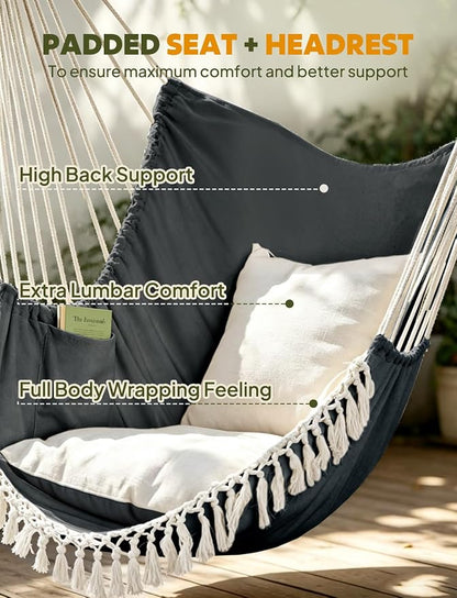 Chihee Hammock Chair Hanging Swing Max 500 Lbs 2 Cushions Included Steel Spreader Bar with Anti-Slip Grooves Portable Hanging Chair Side Pocket Large Macrame Bohemian Chair Indoor Outdoor