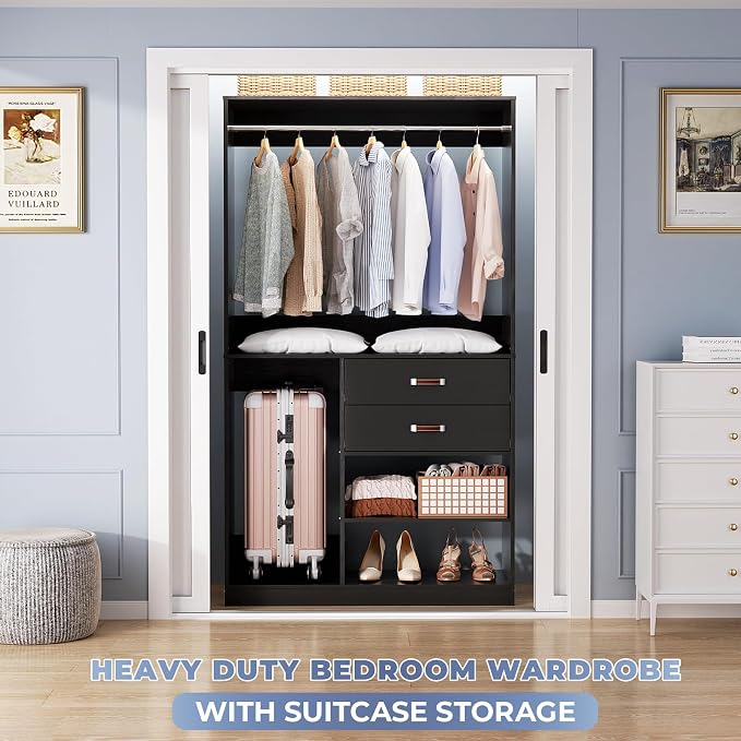 Armocity Freestanding Closet System with Suitcase Storage, 40 Inches Stand-alone Wardrobe with 2 Wood Drawers, 80'' Height Adjustable Cloth Garment Rack, Walk-in Closet with Hanging Rod, Black