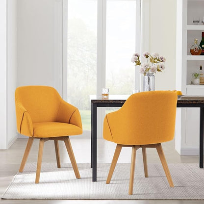 Swivel Dining Chairs Set of 2, Mid Century Modern Dining Chairs with Arms and Wood Legs, Linen Fabric Upholstered Kitchen Chairs for Dining Room Living Room, Comfortable Widen Seat, Yellow