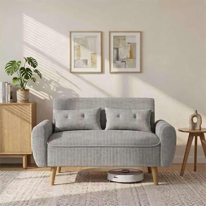 Shintenchi 48'' Loveseat Sofa, Mid-Century Modern Upholstered Couch Deep Seat with 2 Pillows, 10" Thick Cushion with Spring, Solid Wood Frame Small Couch for Living Room, Dorms & Office, Light Grey