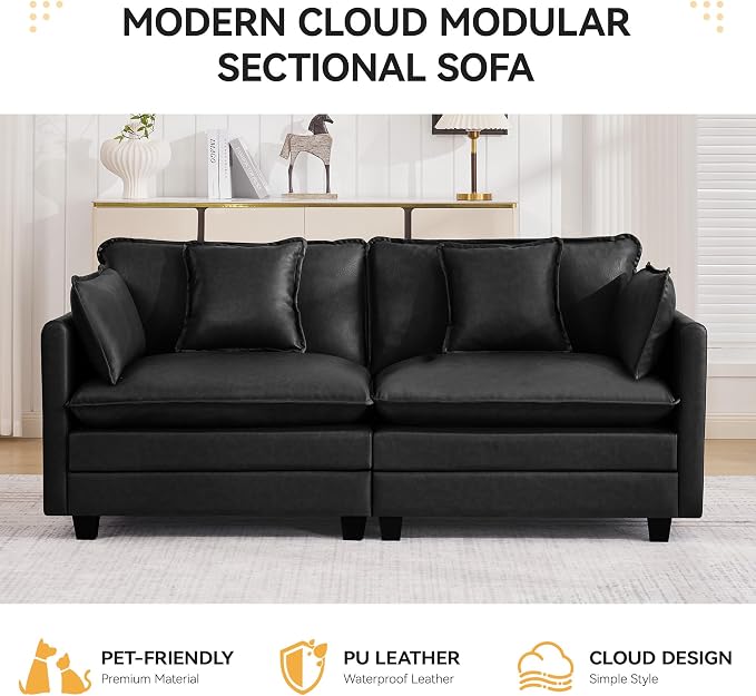 76'' Cloud Deep Seat Loveseat, Upholstered Leather Modular 2-Seats Sectional Sofa Couch, Modern Comfy Settee Loveseat for Living Room Set, Small Apartment, Leather Black