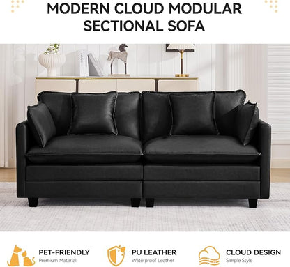 76'' Cloud Deep Seat Loveseat, Upholstered Leather Modular 2-Seats Sectional Sofa Couch, Modern Comfy Settee Loveseat for Living Room Set, Small Apartment, Leather Black