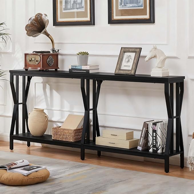 HOMISSUE Sofa Console Table, 70.9" Extra Long Sofa Table with 2-Tier Storage, Industrial Narrow Console Tables Behind Couch, Hallway Table for Entryway, Living Room, Black