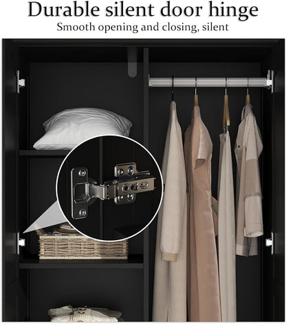 Bedroom Wardrobe Cabinet with 2 Doors, Wood Armoire Closet with Hanging Rod, Wardrobe Closet with 3 Drawers & Multi-Shelves for Clothes Organize, Black (19.7" D x 31.5" W x 70.9" H)