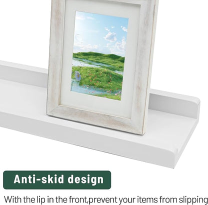 PHOENANCEE Long Floating Shelves for Wall 57 Inch,Real Wood Picture Ledge with Lip Set of 4,Photo Frame Storage Display for Living Room Nursery Bedroom Bathroom Kitchen Home Office Decor (White)