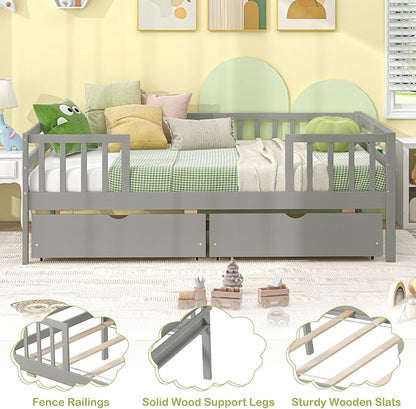 Giantex Twin Kids Bed with Storage Drawers, Wood Montessori Bed with Rails & Side Shelf, Low Daybed for Boys, Girls, No Box Spring Needed (Grey)