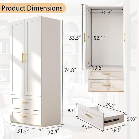 White Wardrobe with 2 Doors: 75" Tall Armoire Wardrobe Closet with 2 Drawers, Bedroom Closet Cabinet for Hanging Clothes, Wooden Storage Armoire with Shelves (Contemporary, 1)