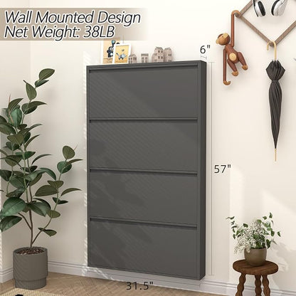 GREATMEET Black Shoe Cabinet Storage for Entryway, Narrow Shoe Cabinet for Entryway Slim, Wall Mounted Metal Hidden Shoe Organizer with 4 Flip Drawers