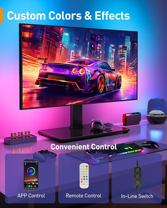 Perlegear Universal Swivel TV Stand with LED Lights for 30–70 inch TVs, Height Adjustable Table Top TV Stand with Tilt, Tempered Glass Base, Holds up to 88 lbs, Max VESA 400x400mm, PGTVS32B