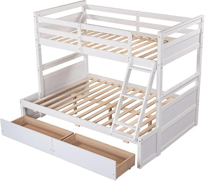 Merax Twin Over Full Bunk Bed, Wood Bunk Bed with Removable Ladders and Two Storage Drawers, Convertible into Two Individual Beds (White)