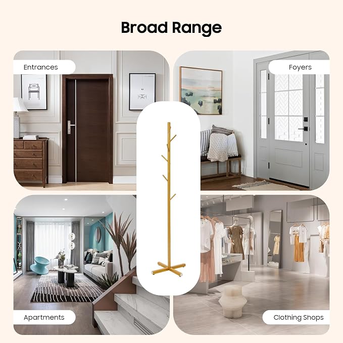 Modern Coat Rack,Free Standing 7 Hooks Hall Tree,Easy Assembly for Coats, Hats,Scarves and Handbags for Entryway, Hallway,Bedroom,Office,Gold