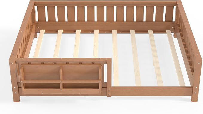 Bellemave Full Size Floor Bed with high Rails and with Built-in Bookshelf for Kids, Girls, Boys, Wood Montessori Floor Bed Without Door, Natural
