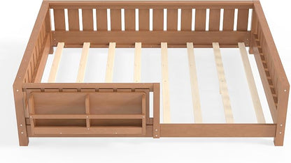 Bellemave Full Size Floor Bed with high Rails and with Built-in Bookshelf for Kids, Girls, Boys, Wood Montessori Floor Bed Without Door, Natural