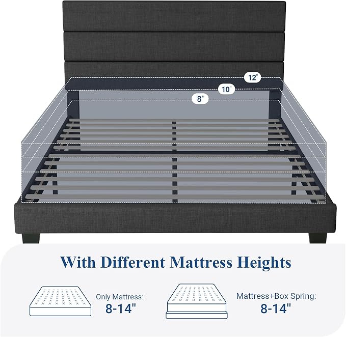 Allewie Queen Size Platform Bed Frame with Fabric Upholstered Headboard and Wooden Slats Support, Fully Upholstered Mattress Foundation/No Box Spring Needed/Easy Assembly, Dark Grey