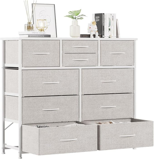LUMTOK 10-Drawer Dresser, Fabric Storage Tower with Drawers for Bedroom, Dresser Drawer with Handle for Bedroom, Living Room, Hallway, Closets & Nurseryteel Frame, Wood Top (Light Grey)
