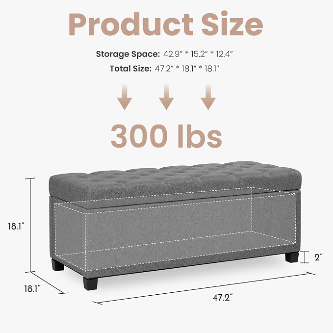 47.2" Ottoman with Storage, Storage Ottoman Bench with Safety Hinge,Tufted End of Bed Bench, Upholstered Entryway Bench for Bedroom, Living Room & Window (Lightgrey-Upgraded Version)