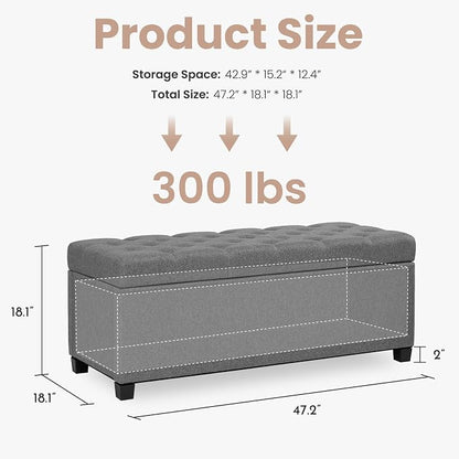 47.2" Ottoman with Storage, Storage Ottoman Bench with Safety Hinge,Tufted End of Bed Bench, Upholstered Entryway Bench for Bedroom, Living Room & Window (Lightgrey-Upgraded Version)