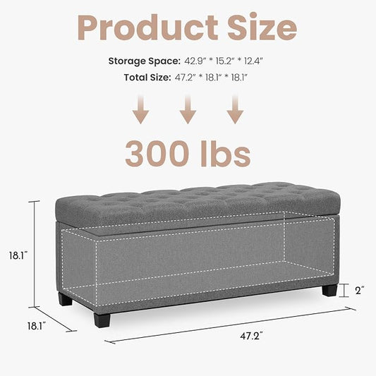47.2" Ottoman with Storage, Storage Ottoman Bench with Safety Hinge,Tufted End of Bed Bench, Upholstered Entryway Bench for Bedroom, Living Room & Window (Lightgrey-Upgraded Version)