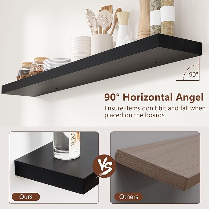 fuqing Black Floating Shelves 48 Inch, Solid Wood Wall Mounted Shelves Set of 2, Extra Long Modern Floating Shelves for Wall Decor & Storage, Shelves for Bathroom Bedroom Kitchen Living Room - Black