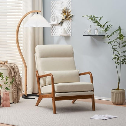 Karl home Accent Chair High Back Mid-Century Modern, Beige | Line Fabric Upholstered, Walnut Color Solid Rubber Wood Frame, Soft Cushion with Pillow, For Living Room, Bedroom, Balcony