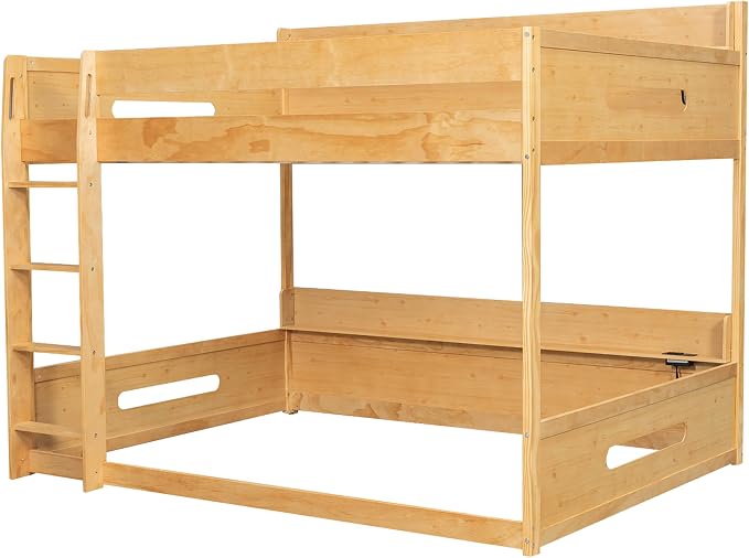 Wood Bunk Bed Queen over Queen Size with Built-in Storage Shelves and USB Ports on Upper and Lower, Versatile Bunk Bed Frame with Ladder and Guardrail for Kids Teens Adult, Maximize Space (Wood-1.1)