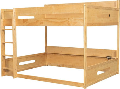 Wood Bunk Bed Queen over Queen Size with Built-in Storage Shelves and USB Ports on Upper and Lower, Versatile Bunk Bed Frame with Ladder and Guardrail for Kids Teens Adult, Maximize Space (Wood-1.1)