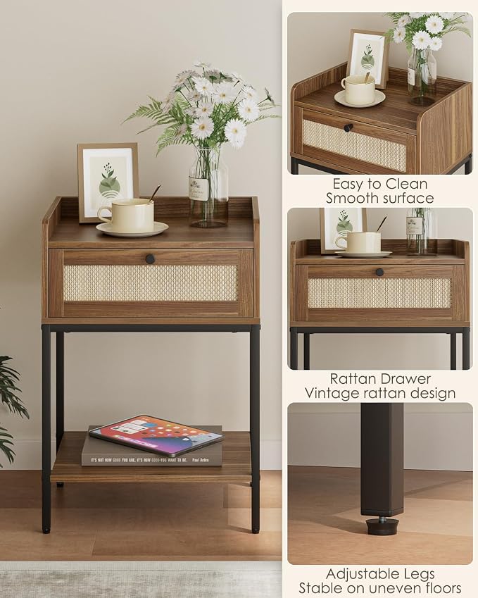 Masupu Rattan Nightstand,3-Tier Modern Bedside Night Stand with Storage Drawer and Shelf,Small End Side Table for Bedroom,Living Room,Walnut Brown (Without Outlet, Brown)